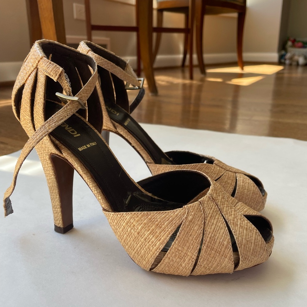 Fendi Beige Raffia Ankle Strap Heels